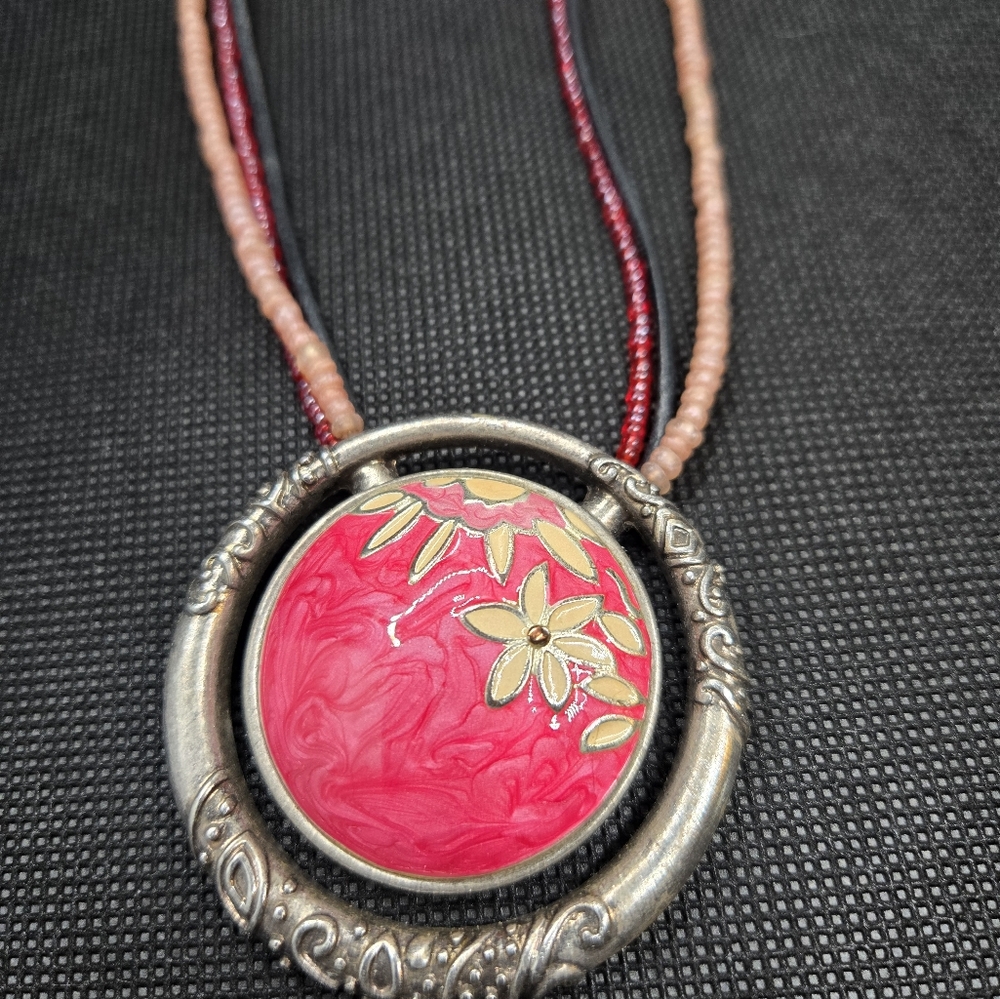 Laura Ashley vintage enamel pink and silver tone necklace 16-22"